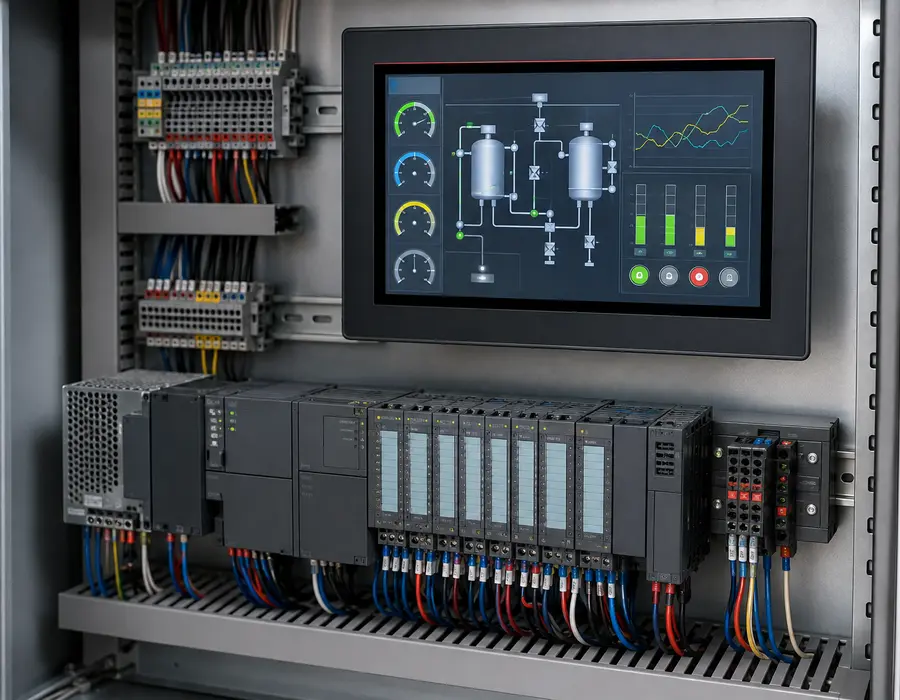 CLP e IHM industrial instalados em painel de automação